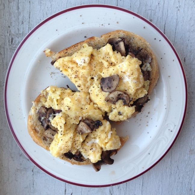 Bread turned breakfast! Topped with sauteed mushrooms and creamy scrambled eggs.